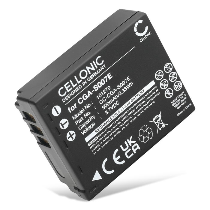 Batteri for Panasonic Lumix TZ5, TZ3, TZ1, TZ4, TZ2, TZ50, TZ15, TZ11, CGA-S007 Kameraer 900mAh fra CELLONIC