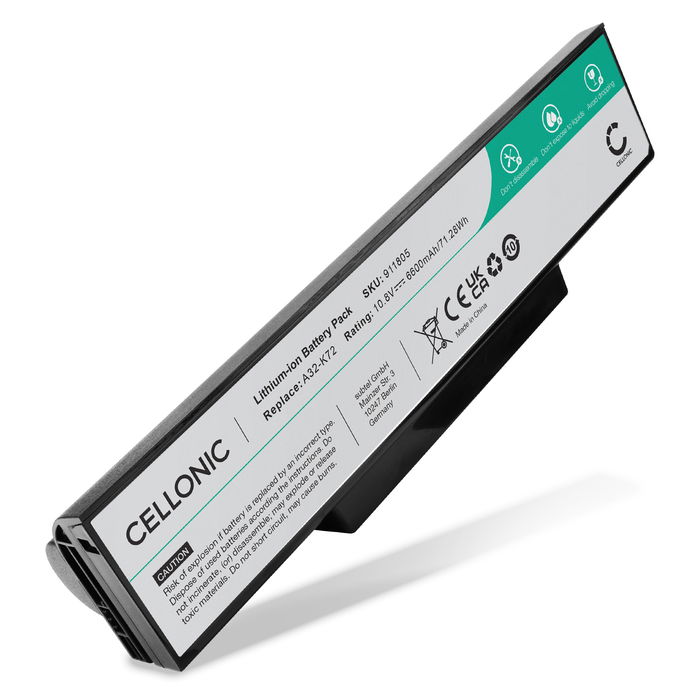 Batteri for ASUS X73S, X72J, X72D, A73S, K73S, K73SV, N73J, ASUS A32-K72 6600mAh 10.8V fra CELLONIC