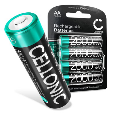 CELLONIC 1.2V oppladbare AA-batterier 2600mAh NiMH &ndash; AA R6 LR6 Mignon-batterier, 4-pakning for kamera, sykkellys, telefon, GPS, radioer