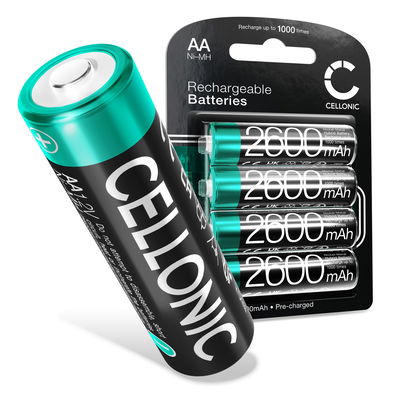 CELLONIC 1.2V oppladbare AA-batterier 2600mAh NiMH – AA R6 LR6 Mignon-batterier, 4-pakning for kamera, sykkellys, telefon, GPS, radioer