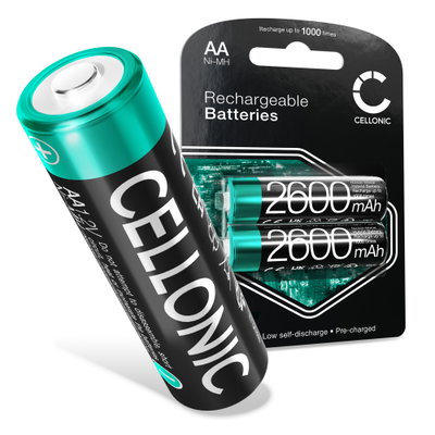 CELLONIC 1.2V oppladbare AA-batterier 2600mAh NiMH &ndash; AA R6 LR6 Mignon-batterier, 2-pakning for kamera, sykkellys, telefon, GPS, radioer