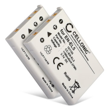 2x Batteri for Nikon 5200 P510 P100 P520 P500 P530 P90 P6000 P80 3700 6000 7900 EN-EL5 Kameraer 1180mAh fra CELLONIC