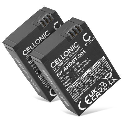 2x Batteri for GoPro Hero 3, Hero 3 Plus, Black, Silver, White, AHDBT301, AHDBT201 Kameraer 1180mAh fra CELLONIC