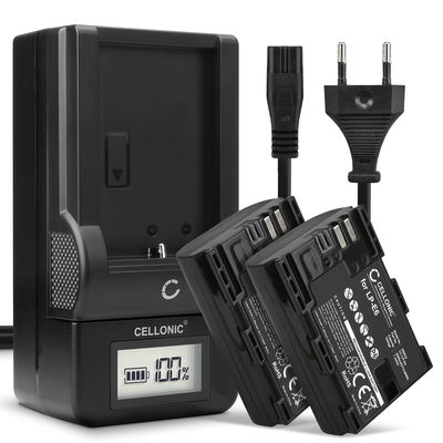 2x Batteri for Canon 70D EOS 5D Mark II III IV 5DS R 60D 60Da 5D Mark II 7D Mark II 80D Kameraer 2000mAh + Lader fra CELLONIC