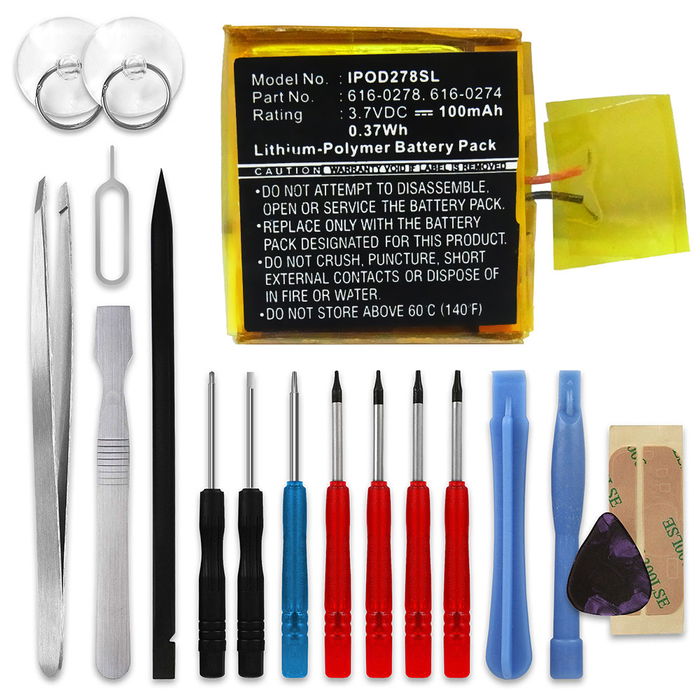 Batteri for Apple iPod Shuffle 2 Gen. (! 1GB !) (A1204) incl. Verktøy - 616-0274,616-0278 (100mAh) reservebatteri