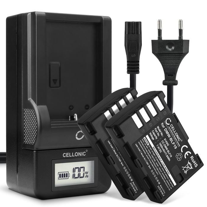 2x Batteri for Panasonic GH5 Lumix DC-GH5 DC-GH5s Lumix DMC-GH4 GH4 GH4r GH4h GH3 DMC-GH3h GH3a G9 DC-G9 DMW-BLF19E (1600mAh, 7.4V) + Lader fra CELLONIC
