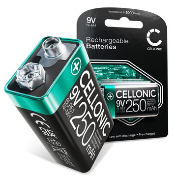 CELLONIC oppladbart 9V batteri - 250mAh - forhåndsladet og lang levetid - 1x 9V / E Block / 6F22 / 6LR61 / AM-61 NiMH NiMH-batteri til røykvarslere, trådløse mikrofoner, leker eller fasttelefoner