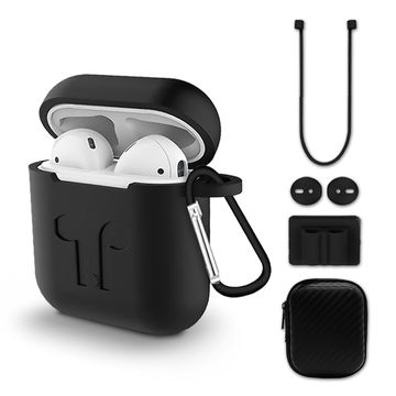 6-i-1 AirPods-tilbehørsett: Beskyttende silikon AirPod-deksel, AirPod-skinn med nøkkelring, AirPod-snorer/-reim, AirPod-ørekroker, klokkerem AirPod-holder for AirPods 1 + 2