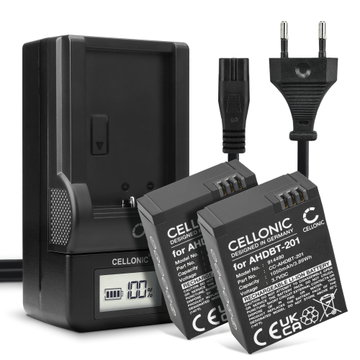 2x Batteri for GoPro Hero 3, Hero 3plus, Hero 3 Black, Hero 3 Silver, Hero 3 White AHDBT-201 AHDBT-301 AHDBT-302 (1050mAh, 3.7V) + Lader fra CELLONIC