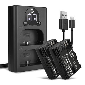 2x Batteri for Canon EOS 80D 90D 70D 7D 6D Mark II 60D R6 R5 5Ds R 5D Mark IV III kamera - Reservebatteri LP-E6N LP-E6 2000mAh + USB Dobbel Batterilader CBC-E6 LC-E6, Kamerabatteri Lader