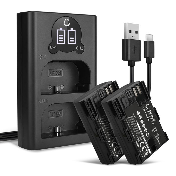 2x Batteri for Canon EOS R5 C Accu 2000mAh Akku bytte Batteri + Dobbel Lader