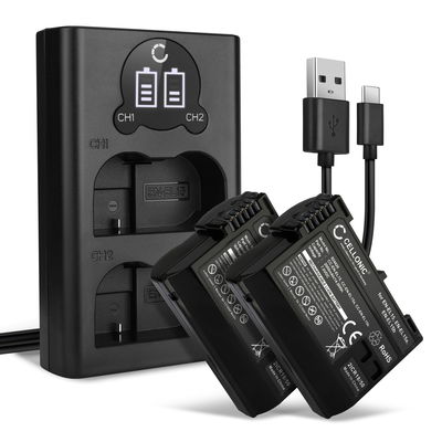 2x Batteri for Nikon D850 D750 D7500 D810 D800 D7100 D7000 D610 D600 D800E EN-EL15 MH-25 Kameraer 2000mAh + Dobbel Lader fra CELLONIC