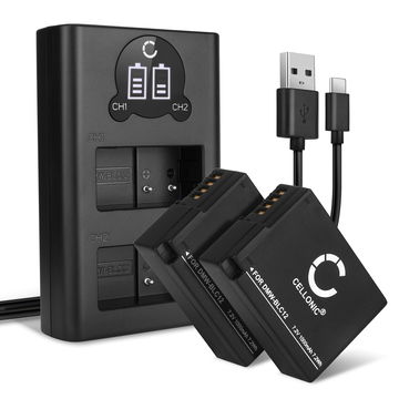 2x Batteri for Panasonic G7 DMC-G7 G5 G6 G80 G81 G90 GX8 GH2 Lumix FZ1000 II DMC-FZ200 FZ2000 FZ300 kamera - Reservebatteri DMW-BLC12 DMW-BLC12E 1000mAh + USB Dobbel Batterilader DE-A80, Kamerabatteri Lader