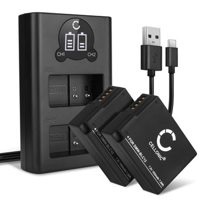 2x Batteri for Panasonic G7 DMC-G7 G5 G6 G80 G81 G90 GX8 GH2 Lumix FZ1000 II DMC-FZ200 FZ2000 FZ300 kamera - Reservebatteri DMW-BLC12 DMW-BLC12E 1000mAh + USB Dobbel Batterilader DE-A80, Kamerabatteri Lader