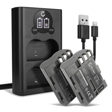 2x Batteri for Nikon D90 D700 D300 D900 D100 D200 D300S D50 D70 D70s D80 kamera - Reservebatteri EN-EL3a EN-EL3e EN-EL3 2000mAh + USB Dobbel Batterilader MH-18a, Kamerabatteri Lader