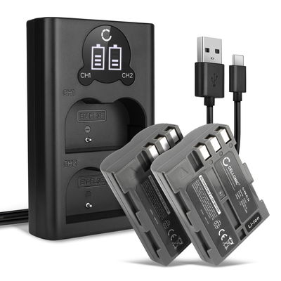 2x Batteri for Nikon D90 D700 D300 D900 D100 D200 D300S D50 D70 D70s D80 kamera - Reservebatteri EN-EL3a EN-EL3e EN-EL3 2000mAh + USB Dobbel Batterilader MH-18a, Kamerabatteri Lader