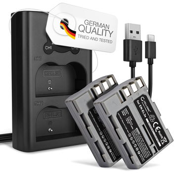 2x Batteri for Nikon D700 D70s D80 D90 D900 D100 D200 D300 D300S D50 D70 kamera - Reservebatteri EN-EL3e EN-EL3a EN-EL3 1600mAh + USB Dobbel Batterilader MH-18a, Kamerabatteri Lader