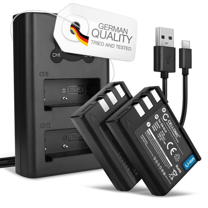 2x Batteri for Nikon EN-EL9 Accu 1000mAh  Akku bytte Batteri + Dobbel Lader