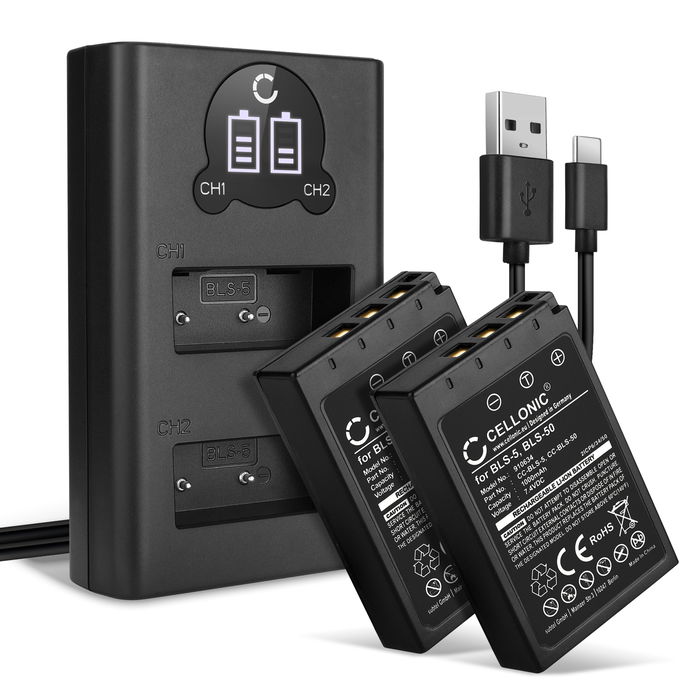 2x Batteri for Olympus E-P7 Accu 1000mAh Akku bytte Batteri + Dobbel Lader