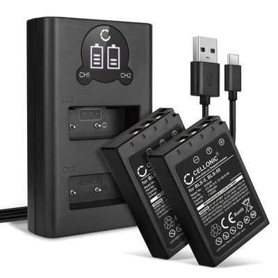 2x Batteri for Olympus Pen EPL7, EPL8, EPL6, EPL5, EPL4, EPL3, EPL2, Stylus 1, OM-D EM10 Mark II, BLS-50, BCS-1 Kameraer 1000mAh + Dobbel Lader fra CELLONIC