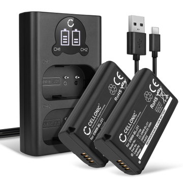 2x Batteri for Panasonic Lumix DC-S1, Lumix DC-S1H, Lumix DC-S1R kamera - Reservebatteri DMW-BLJ31 3400mAh + USB Dobbel Batterilader DMW-BTC14E, Kamerabatteri Lader