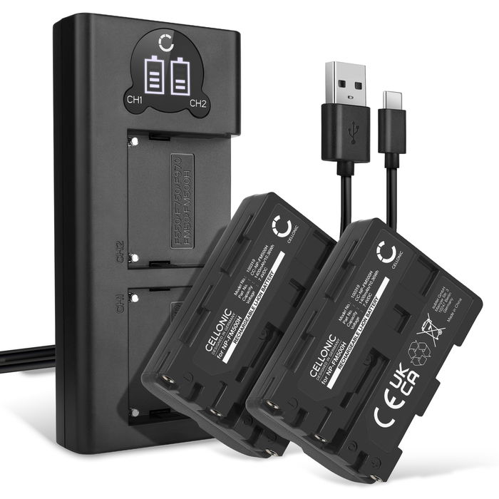2x Batteri for Sony A58 A57 A65 A68 A77 II A99 II Alpha 68 A200 A300 A350 A500 A700 A900 DSLR-A200 SLT-A57 kamera - Reservebatteri NP-FM500H 1400mAh + USB Dobbel Batterilader BC-VM10A, Kamerabatteri Lader
