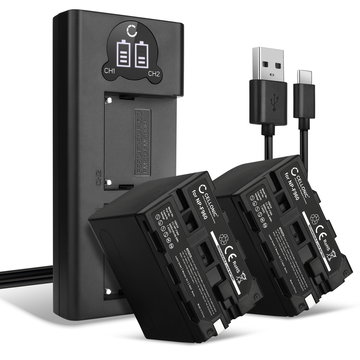 2x Batteri for Sony AX1 VX2000 VX2100 HDR-FX1 FX7 DSR-PD170 PD150 HXR-MC2000 FDR-AX1 TRV900 Z CAM E2 kamera - Reservebatteri NP-F970 NP-NP-F550 NP-NP-F330 NP-F750 6600mAh + USB Dobbel Batterilader BC-VM50, Kamerabatteri Lader