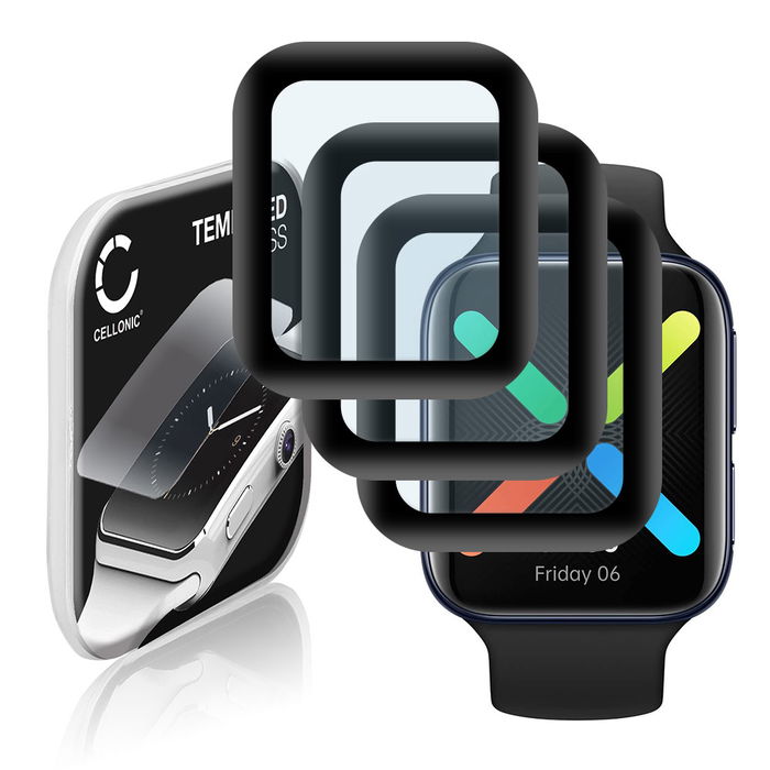 3x CELLONIC Screen Protector for Oppo Watch - 46mm Fitness Tracker Smart Watch Face Protector - 3D Full Cover 0,33mm Full Glue 9H Tempered Glass Display Cover Black