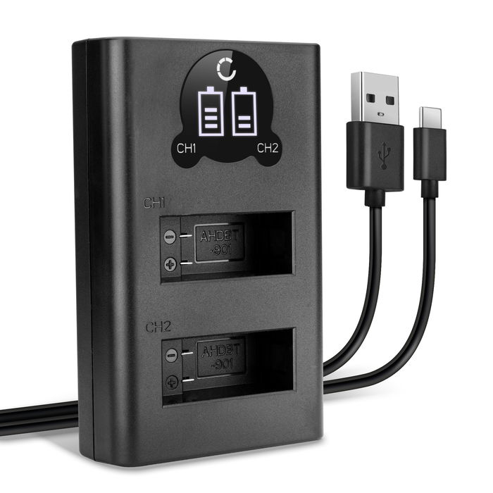 USB dobbel lader (AHDBT-901) for GoPro Hero 9, Hero 10, Hero 11 + 1m + USB Kabel fra CELLONIC