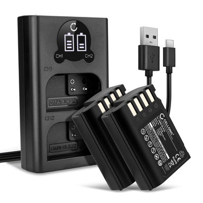 2x Batteri for Panasonic Lumix G9, GH5S, DC-S5, DC-S5K, DC-GH5 II, DMW-BLK22, DMW-BTC15 kamera - Reservebatteri DMW-BLK22 2250mAh + USB Dobbel Batterilader DMW-BTC15, Kamerabatteri Lader