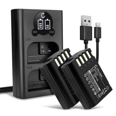 2x Batteri for Panasonic Lumix DC-GH5 II DC-GH6 DC-S5 G9 GH5 GH5S kamera - Reservebatteri DMW-BLK22 1600mAh + USB Dobbel Batterilader DMW-BTC15, Kamerabatteri Lader