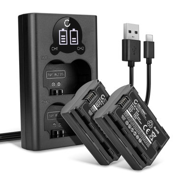 2x Batteri for FujiFilm X-T4 / GFX 50S II / GFX100S / X-H2S kamera - Reservebatteri NP W235 2000mAh + USB Dobbel Batterilader NP-W235, Kamerabatteri Lader