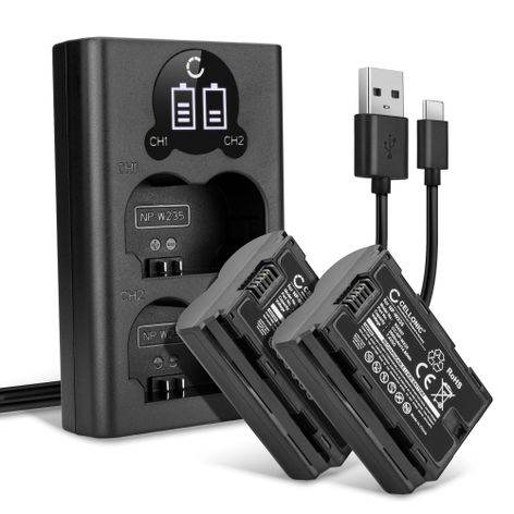 2x Batteri for FujiFilm X-T4, GFX 50S II, GFX100S, Fuji X-T4, FujiFilm X-H2S, X-H2, GFX100 II NP W235 (2000mAh, 7.4V) + dobbeltlader fra CELLONIC