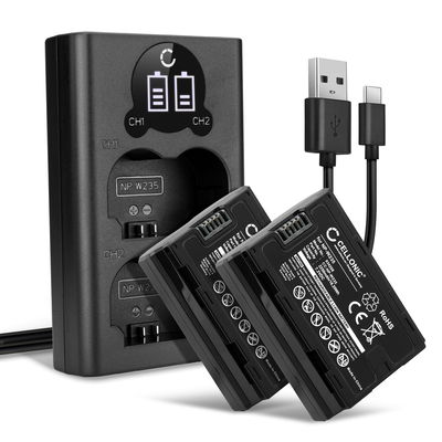 2x Batteri for FujiFilm GFX100S, GFX 50S II, XT4, NPW235 kamera - Reservebatteri NP W235 2250mAh + USB Dobbel Batterilader NP W235, Kamerabatteri Lader