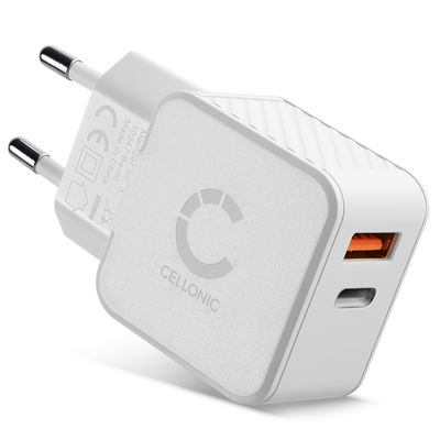 CELLONIC USB- og USB C-lader Dobbel USB til veggkontakt Strømadapter 20W PD Hurtiglading 2-port til iPhone, Samsung, iPad, Huawei, Switch, PSP, telefon, nettbrett - Hvit