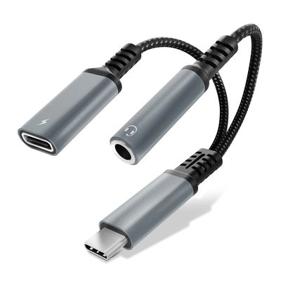 USB-C-adapter, 3,5 mm-uttak /AUX-splitter, lyd og lading, 60W PD, USB-C hurtigladerkabel for iPhone, Samsung, telefon, headset, hodetelefoner – sølv