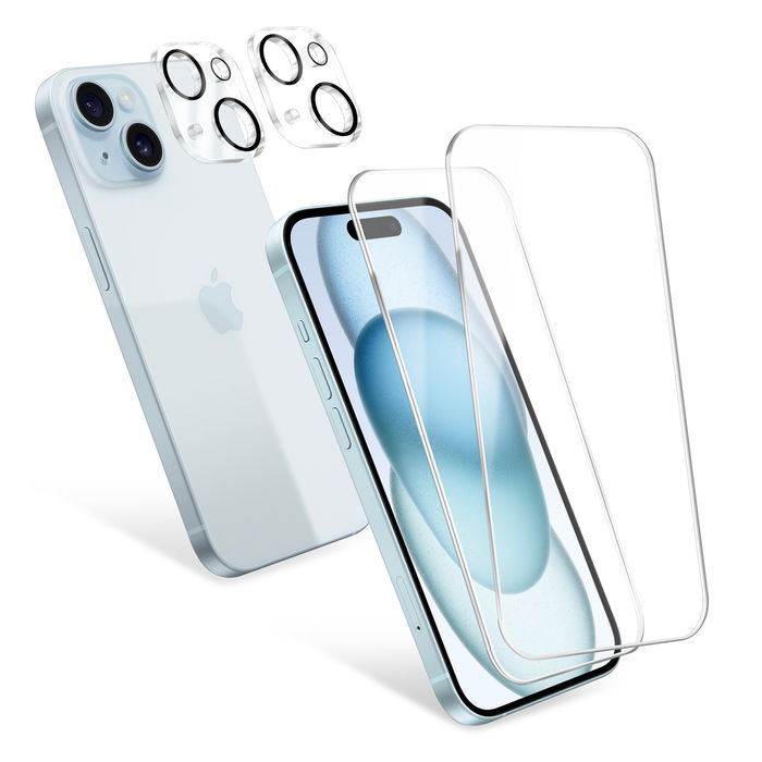 2x CELLONIC skjerm- og kamerabeskyttere til iPhone 15 Plus - 6,7" skjermbeskytter, 0,33 mm ultratynt 9H-herdet glass, skjermbeskytter og kamerabeskytter