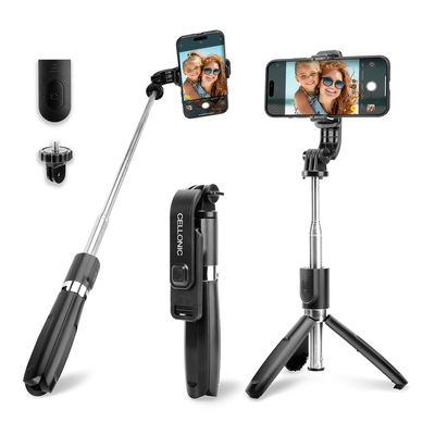 2-i-1 selfiepinne med trebeint kamerastativ tripod 1 m lang sammenleggbar monopod & sammenleggbar selfie stick med Bluetooth-fjernkontroll for telefon, kamera, iPhone, GoPro - Svart