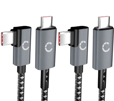 2xUSB C til USB C lade- og datakabel 100W, L-formet, rett vinkel 1 m - USB C-kabel av flettet nylon, USB 3.1, 10 Gbit/s, 8K for mobiltelefon, nettbrett, smartklokke, GPS, høyttalere og mye mer