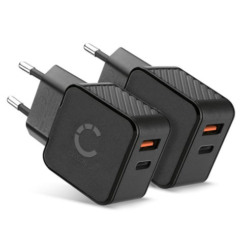 2x USB-lader 20W med 2 USB-porter til Apple iPhone 17, 17 Pro Max, 17 Pro, 16, 15, 13, 8 fra CELLONIC