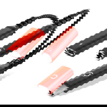 USB-C-adapter, 3,5 mm-uttak /AUX-splitter, lyd og lading, 60W PD, USB-C hurtigladerkabel for iPhone, Samsung, telefon, headset, hodetelefoner – Rød