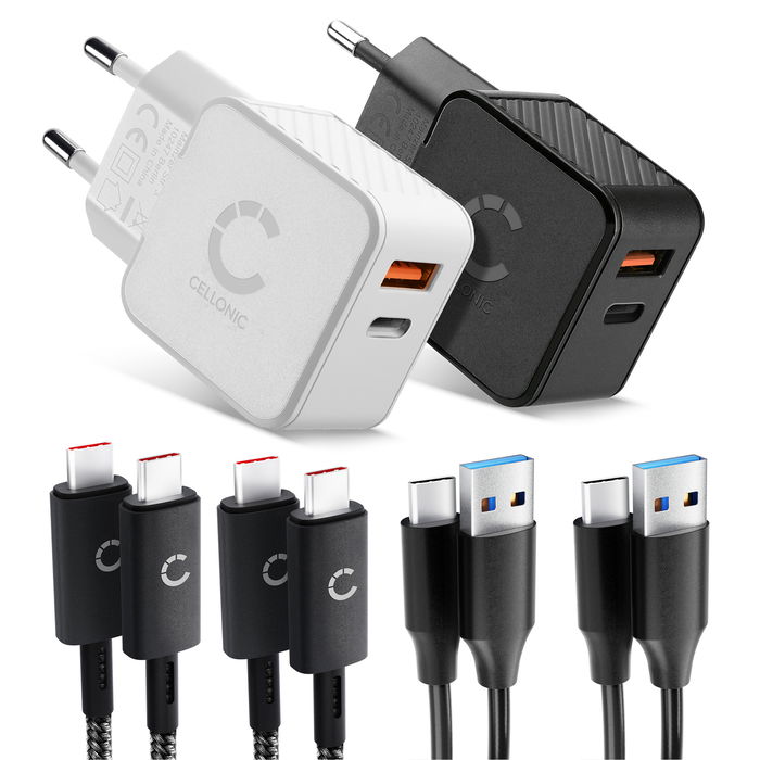 CELLONIC Reisesett – 2x Dobbeltlader USB-C & USB + 4x Ladekabler til Smarttelefon, Bærbar PC, GPS, Nettbrett, Høyttaler, Smartklokke m.m. – 2x 20W PD USB Hurtigladere i Svart og Hvit