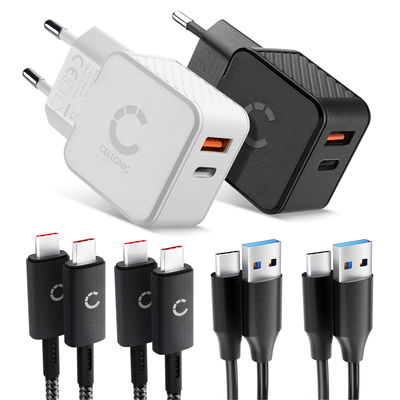CELLONIC Reisesett – 2x Dobbeltlader USB-C & USB + 4x Ladekabler til Smarttelefon, Bærbar PC, GPS, Nettbrett, Høyttaler, Smartklokke m.m. – 2x 20W PD USB Hurtigladere i Svart og Hvit
