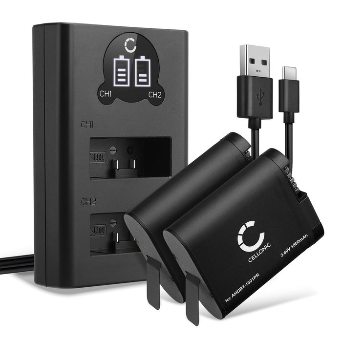 2x Batteri for GoPro Hero 13, AHDBT-1301 AHDBT-1301PR (1900mAh, 3.89V) + Dobbel Lader fra CELLONIC