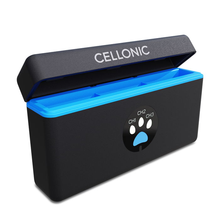 3-spor Batteriladeetui for GoPro Hero 12, 10, 11, 9 Batterier + 60cm + USB Kabel fra CELLONIC