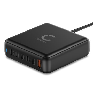 200W 6-port GaN USB-C Ladehub – PD QC 3.0 Hurtig Ladestasjon for Laptoper, Nettbrett & Mobiler fra CELLONIC