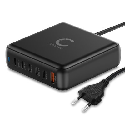 200W 6-port GaN USB-C Ladehub – PD QC 3.0 Hurtig Ladestasjon for Laptoper, Nettbrett & Mobiler fra CELLONIC