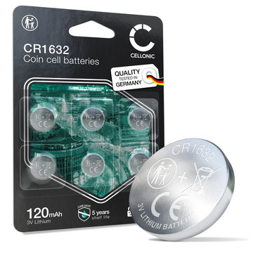 CELLONIC CR1632 Knappecellebatterier (Lithium, 120mAh, 3V) til Bilnøkler, LED-Enheter, Sykkelcomputere – x6-Pakke