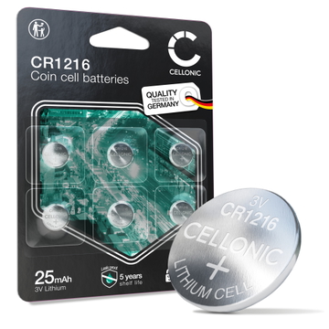 6x Knappcelle CR1216 batteri 3V 25mAh fra CELLONIC